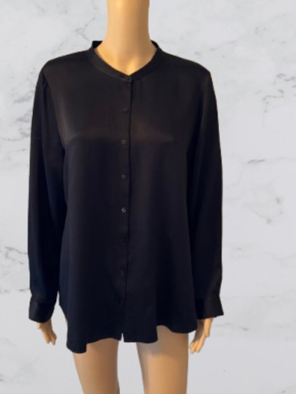 Eileen Fisher Silk Classic Black Button-Front Women’s Blouse Size PL